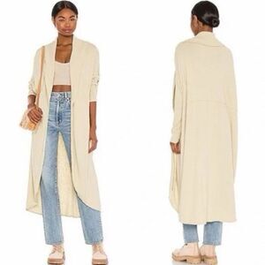 Free People Beach Cardigan Blue Knit Cuddle Up Long Open Front Light Yellow Gree